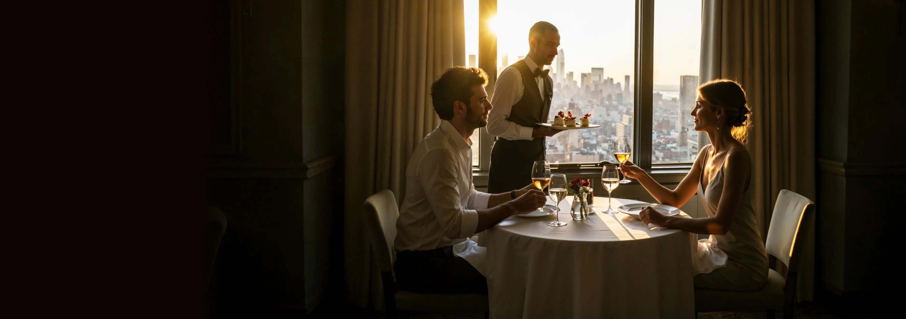 A man and woman dine at a restaurant with a sunset view in the background, while a waiter holds a small dish of food on a tray