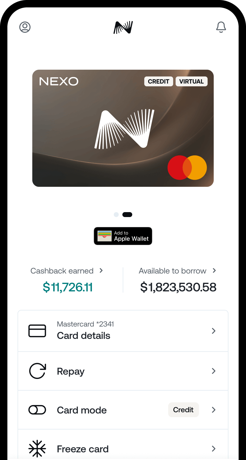 A mobile phone showing virtual card screen from Nexo app.