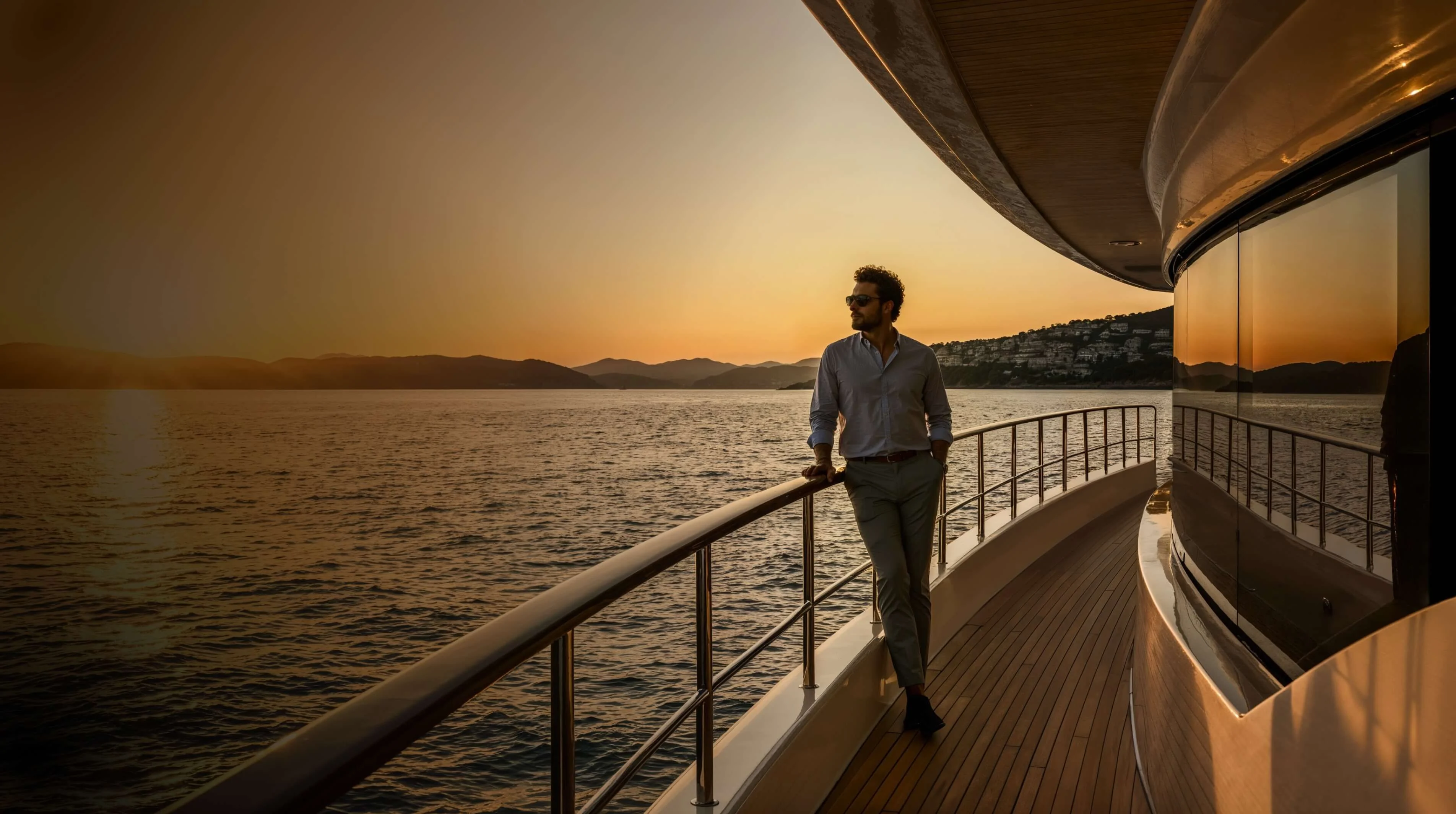 Businessman on a luxurious yacht with a sunset in the background.