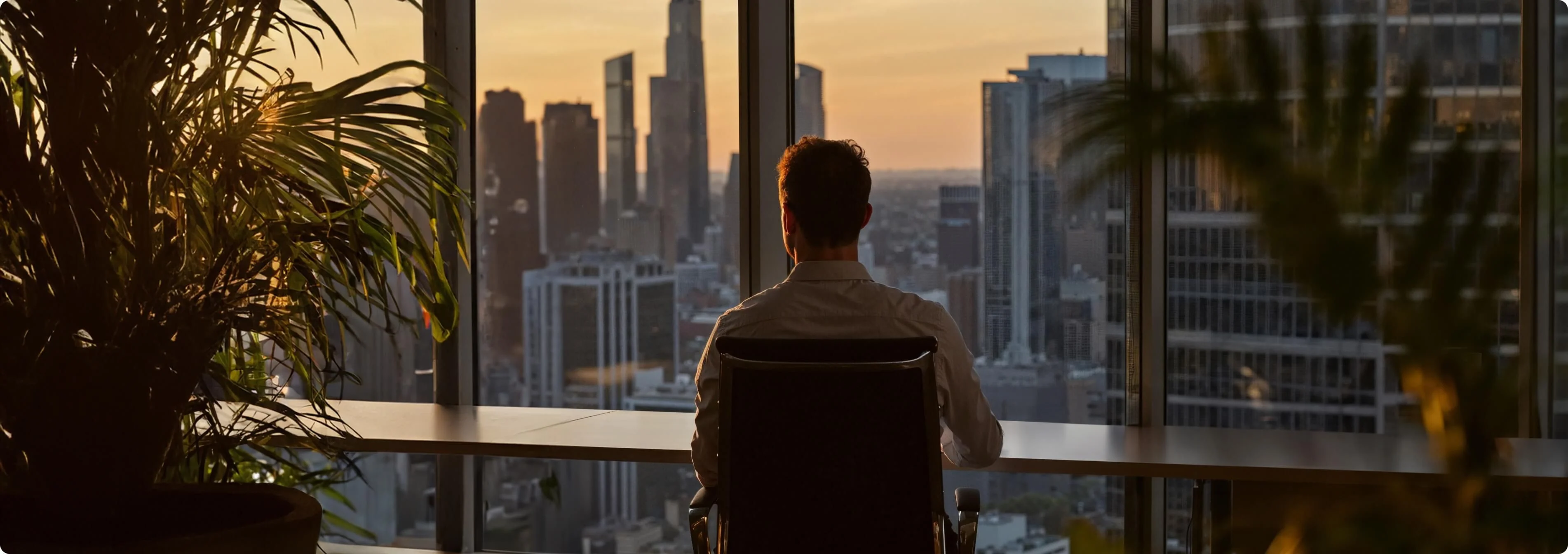 A man sits in an office, gazing out at the sunset.