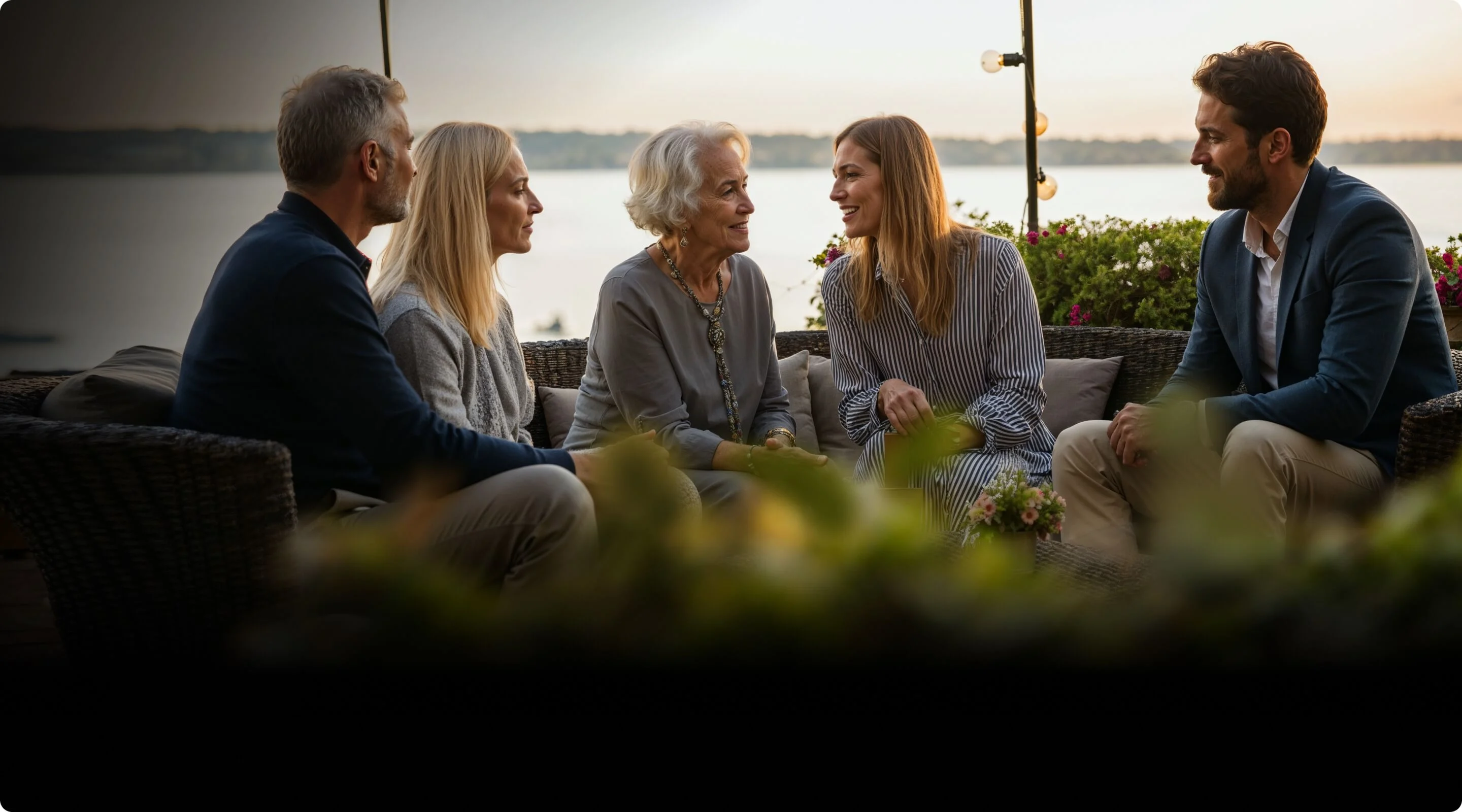 A family of five sits together on an outdoor couch, engaged in conversation, with the sea and green bushes in the background.